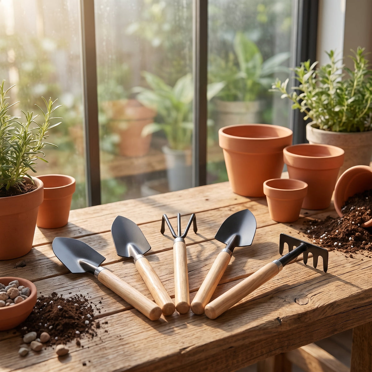 Six-Piece Hand Gardening Kit with Wooden Handles, Trowels, Transplanters and Cultivators - Image 6