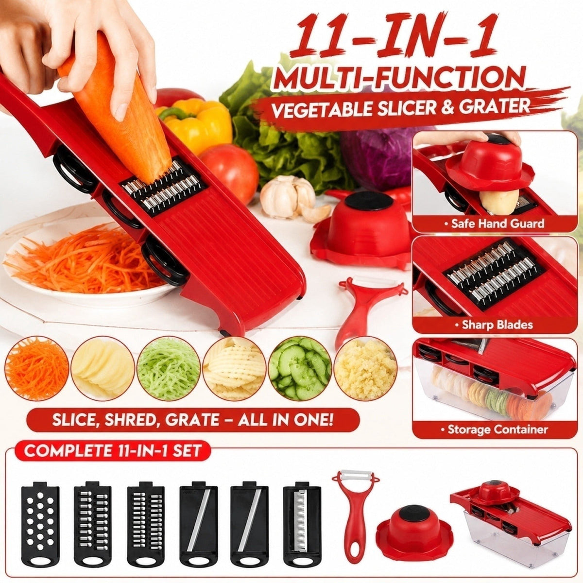 Mandoline Slicer Set of 11 with Catch Container, Hand Guard and Peeler - Image 2