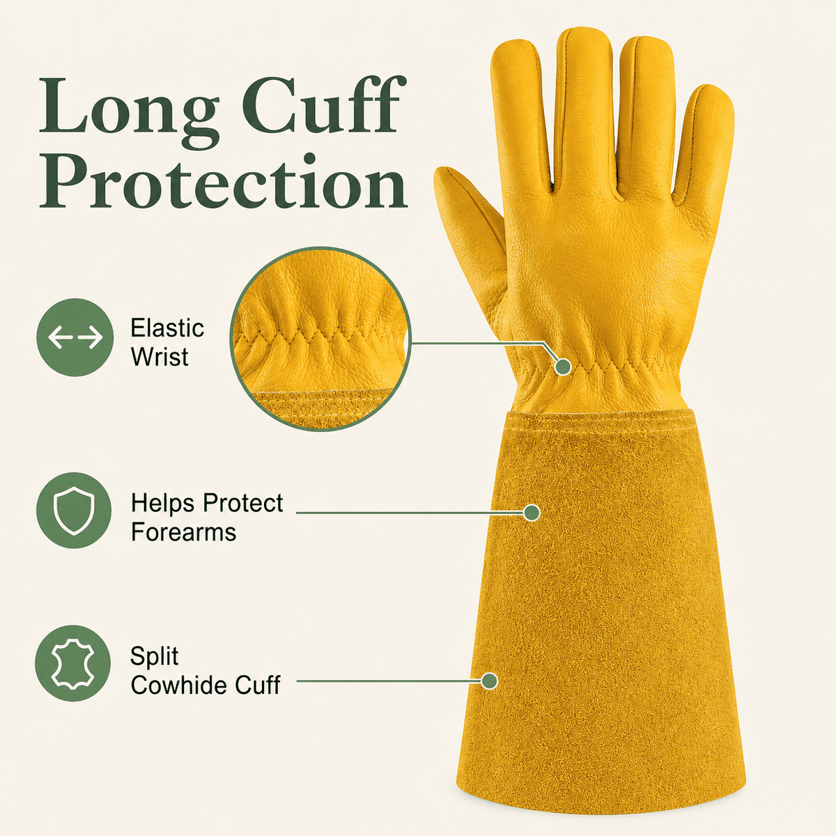 Cowhide Gauntlet Gardening Gloves, Thorn-Resistant with Extended Forearm Cuffs - Image 4