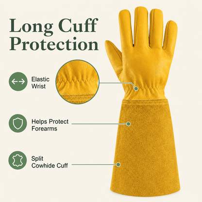 Cowhide Gauntlet Gardening Gloves, Thorn-Resistant with Extended Forearm Cuffs - Image 4