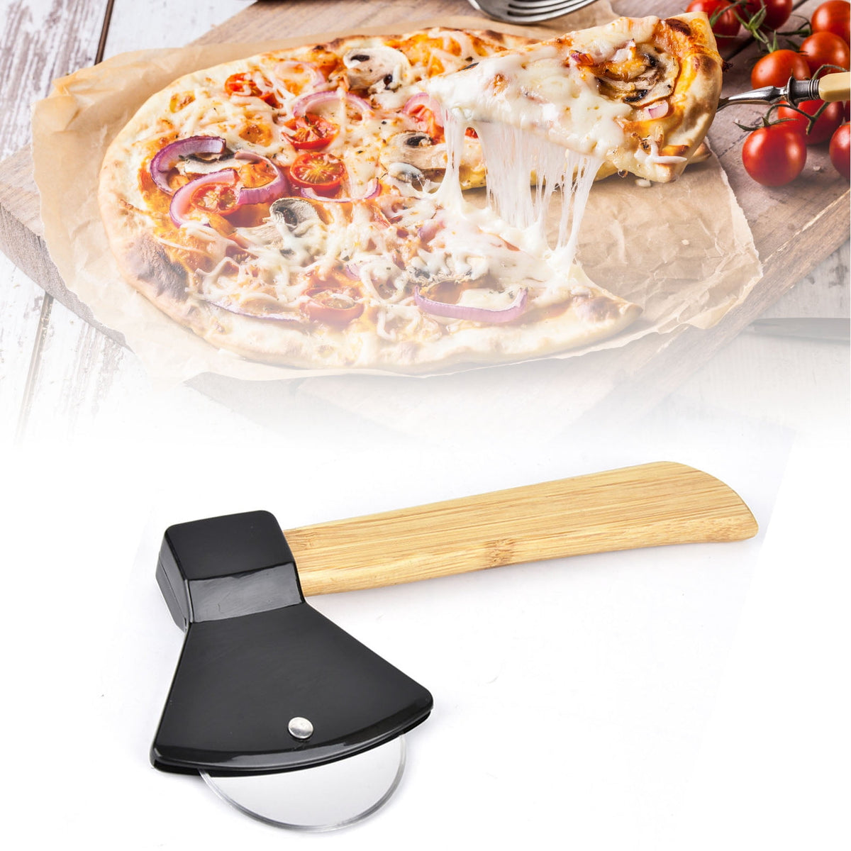 Axe-Shaped Pizza Wheel with Bamboo Handle, 8.3 Inch Stainless Steel Cutter - Image 3