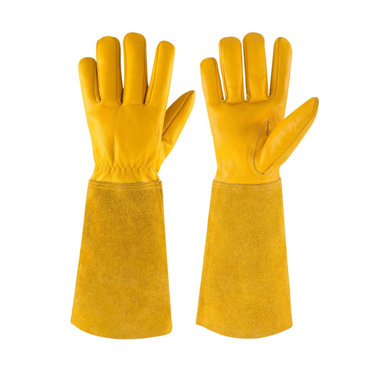 Cowhide Gauntlet Gardening Gloves, Thorn-Resistant with Extended Forearm Cuffs