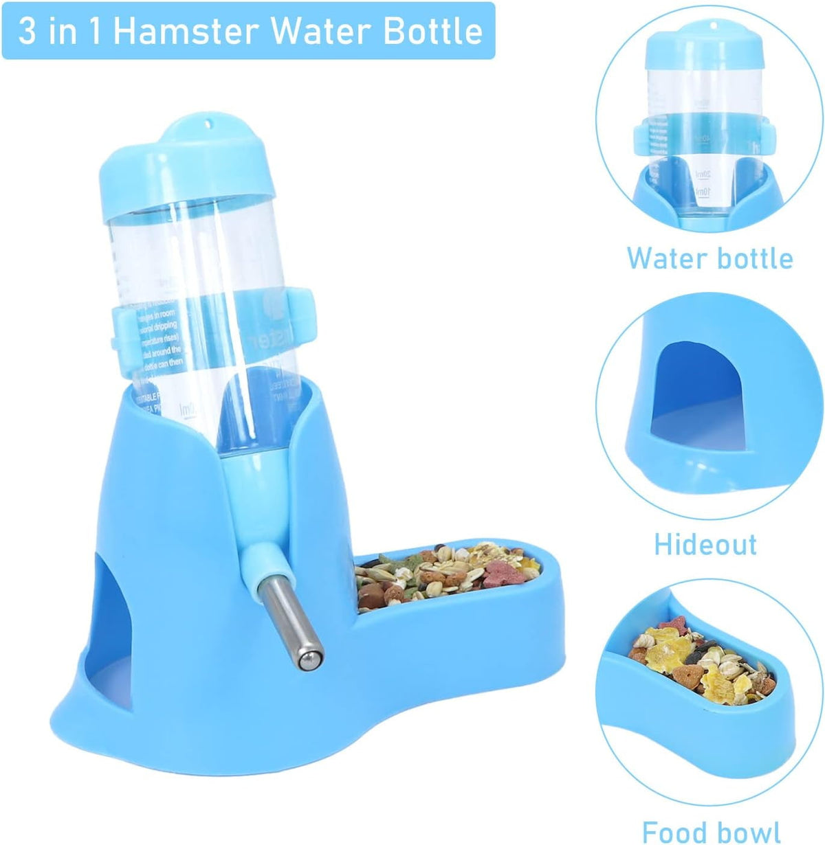 Hamster Water Bottle with Base, 80ML Three-in-One Dispenser, Bowl and Hideout - Image 5