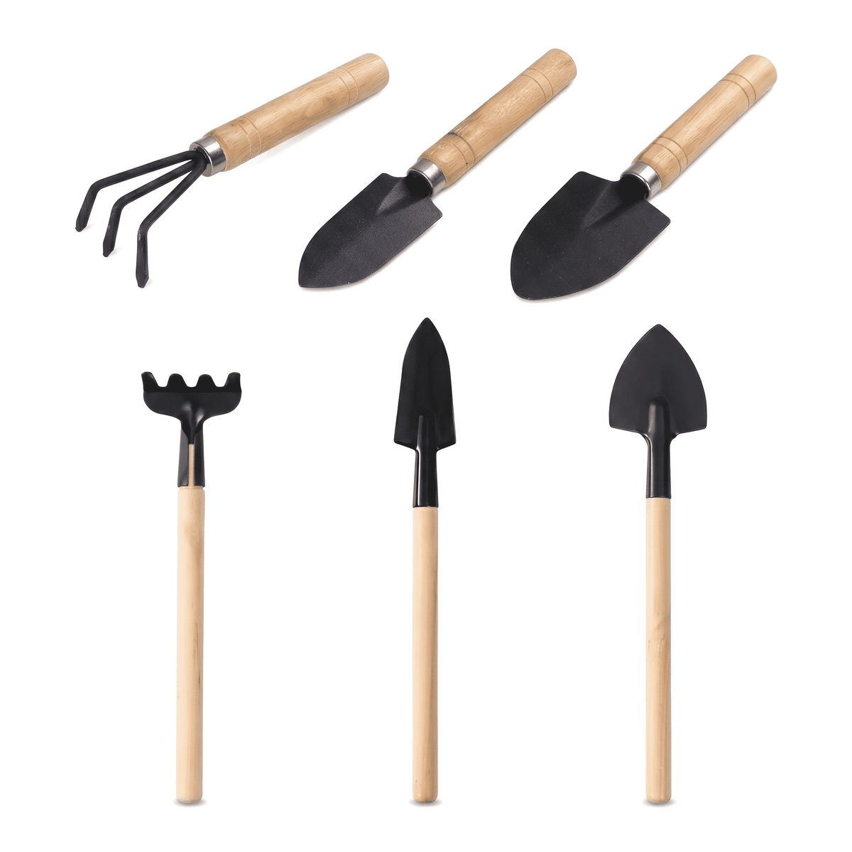 Six-Piece Hand Gardening Kit with Wooden Handles, Trowels, Transplanters and Cultivators