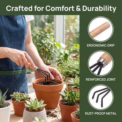 Six-Piece Hand Gardening Kit with Wooden Handles, Trowels, Transplanters and Cultivators - Image 5