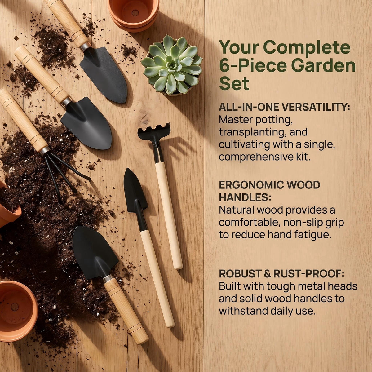 Six-Piece Hand Gardening Kit with Wooden Handles, Trowels, Transplanters and Cultivators - Image 2