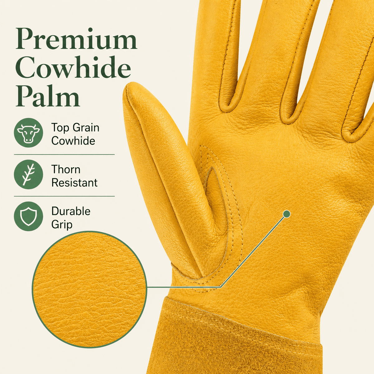 Cowhide Gauntlet Gardening Gloves, Thorn-Resistant with Extended Forearm Cuffs - Image 3