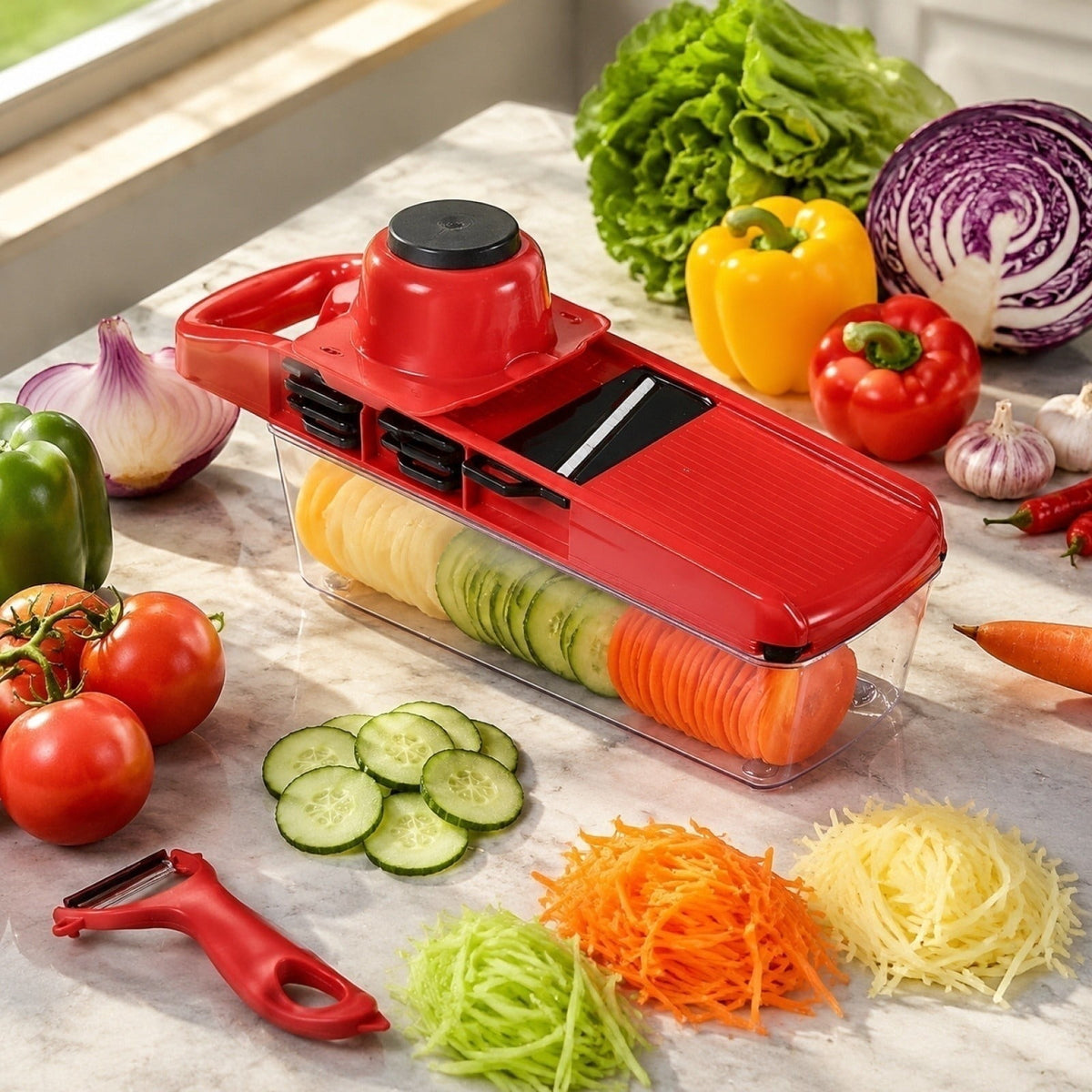 Mandoline Slicer Set of 11 with Catch Container, Hand Guard and Peeler - Image 5